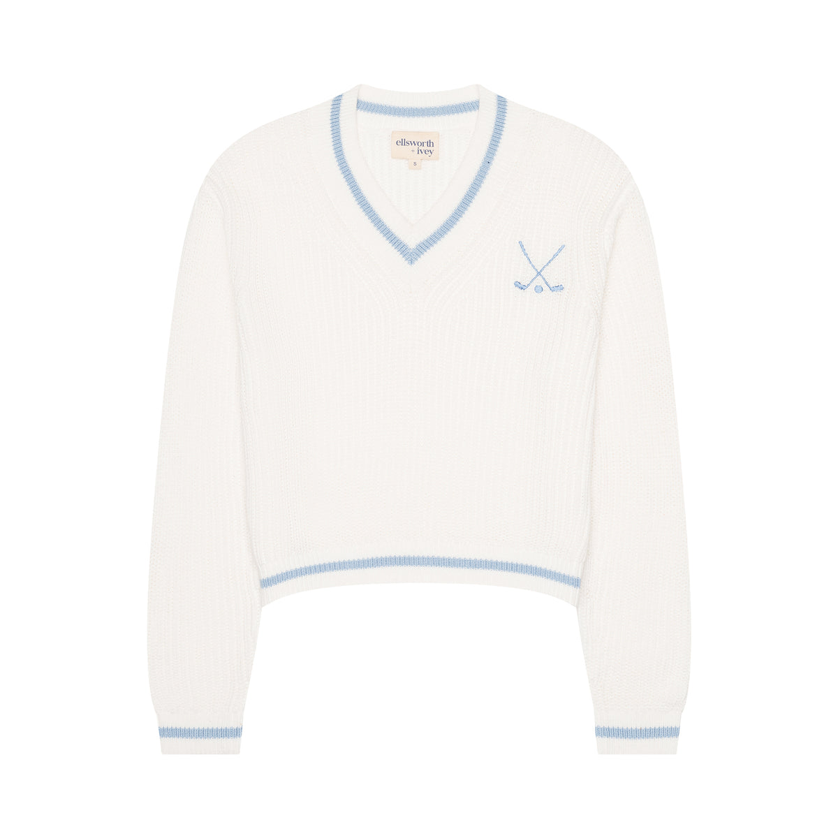 Front view of Golf Club Varsity Sweater in Light Blue showcasing contrast trim and embroidered club crest on white background