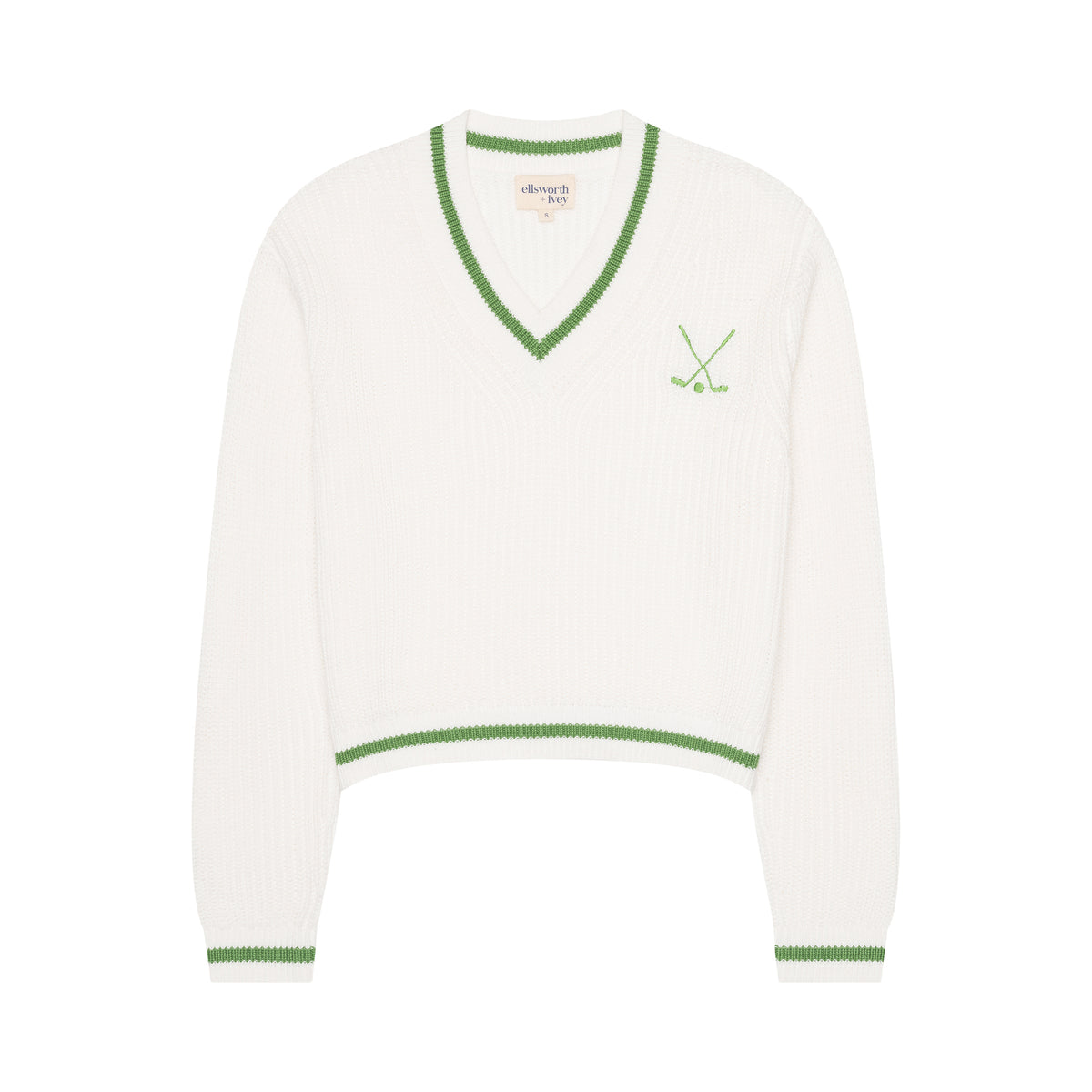Front view of Golf Club Varsity Sweater in Green showcasing contrast green trim and embroidered golf crest on a white background