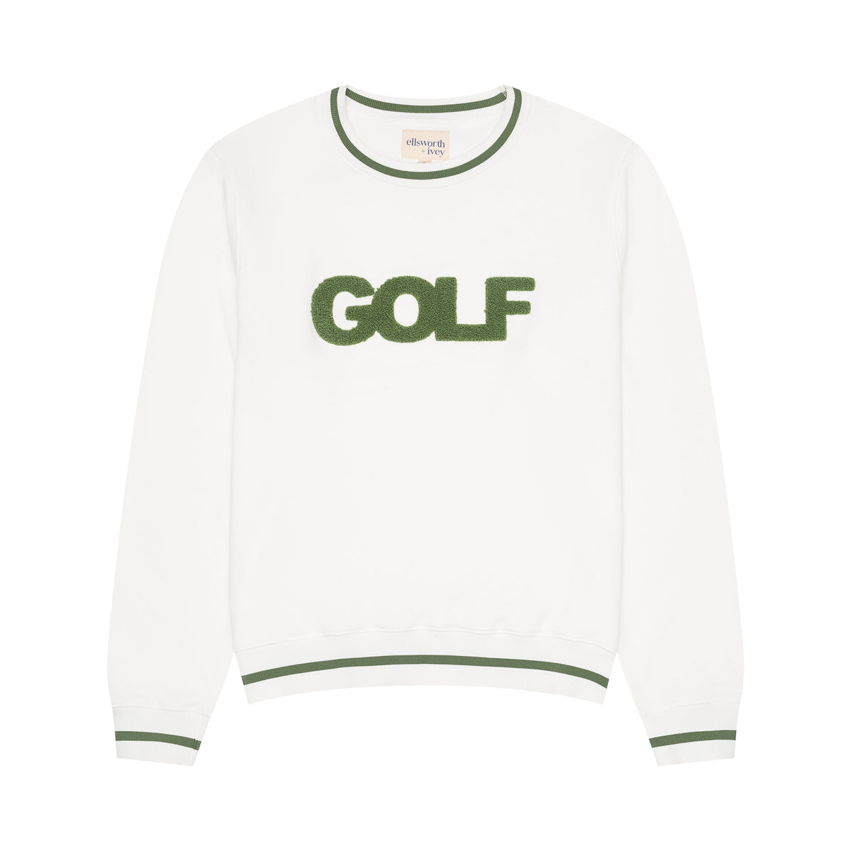 Front view of Golf Sweatshirt in Ivory showcasing green chenille GOLF lettering and trim on a white background
