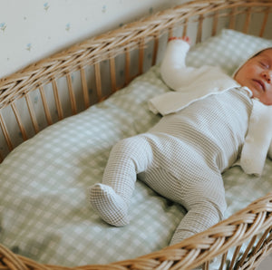 Picnic Gingham Green Crib Sheet with baby fast asleep