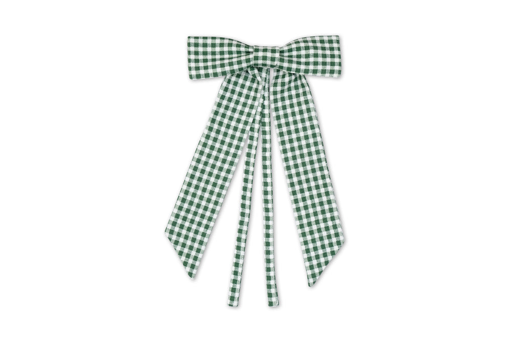 Front view of mini green gingham bow showcasing long double tails and looped knot with white background