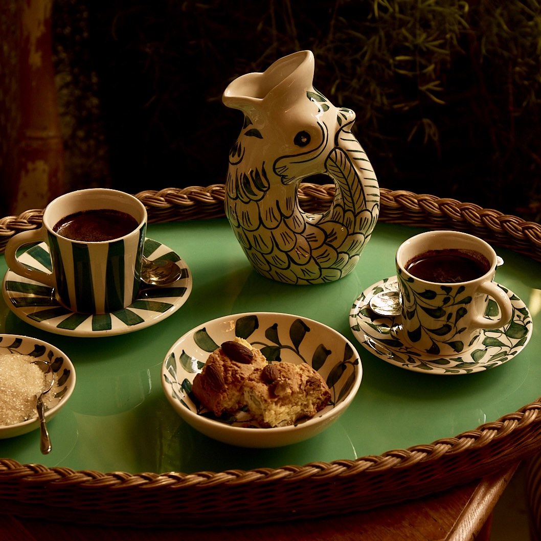 Green Scroll Espresso Cup & Saucers, Set of 4