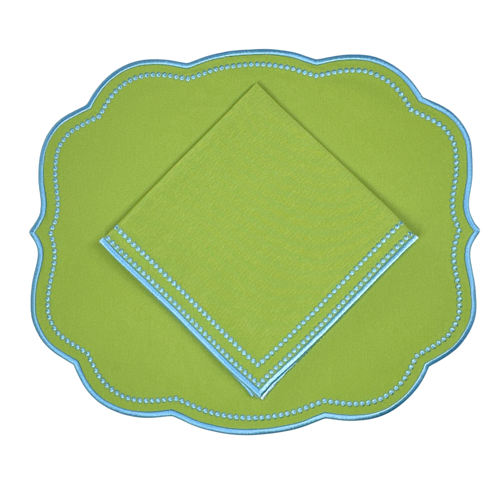 luxury Green napkin with blue embroidery trim and Green placemat with scalloped edge with blue embroidery trim