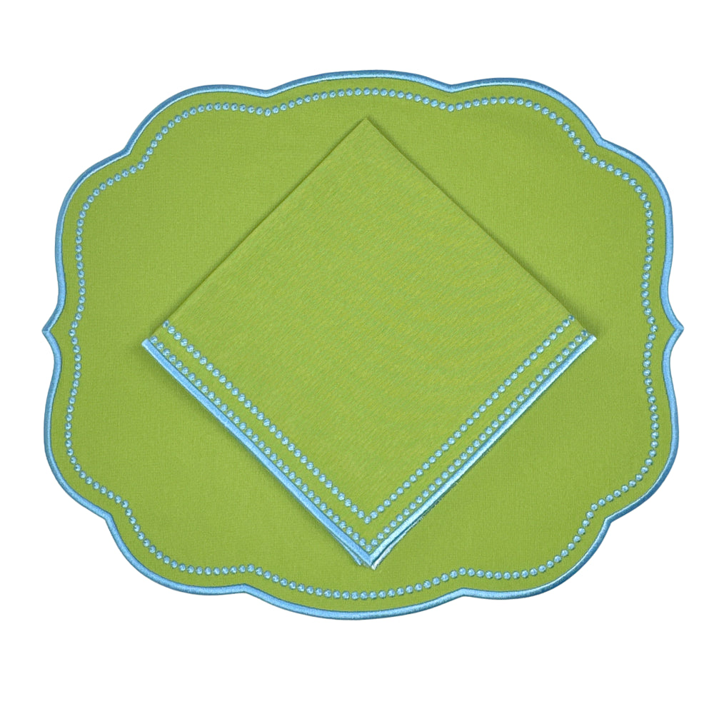 luxury Green napkin with blue embroidery trim and Green placemat with scalloped edge with blue embroidery trim