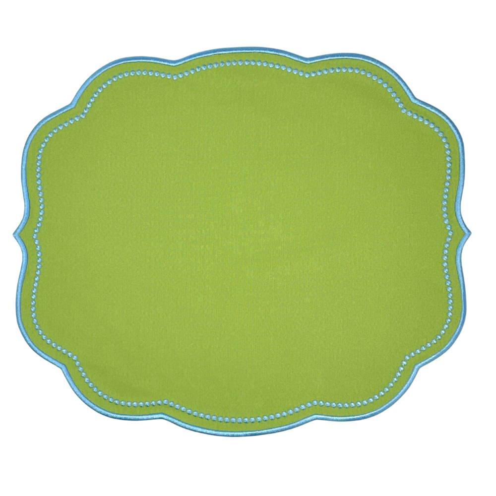 Luxury Green placemat with scalloped edge with blue embroidery trim