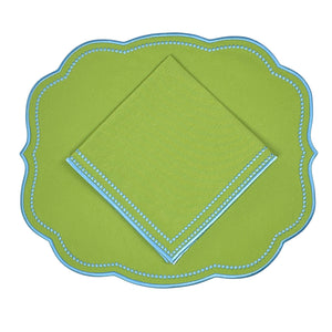 luxury Green napkin with blue embroidery trim and Green placemat with scalloped edge with blue embroidery trim