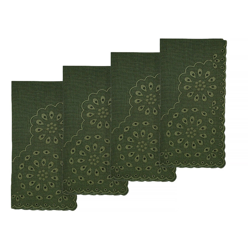 Front view of Green Eyelet Dinner Napkins, Set of 4 showcasing a scalloped eyelet pattern on a white background