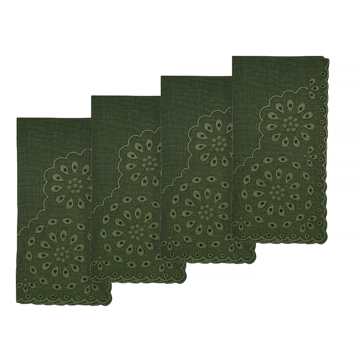 Front view of Green Eyelet Dinner Napkins, Set of 4 showcasing a scalloped eyelet pattern on a white background