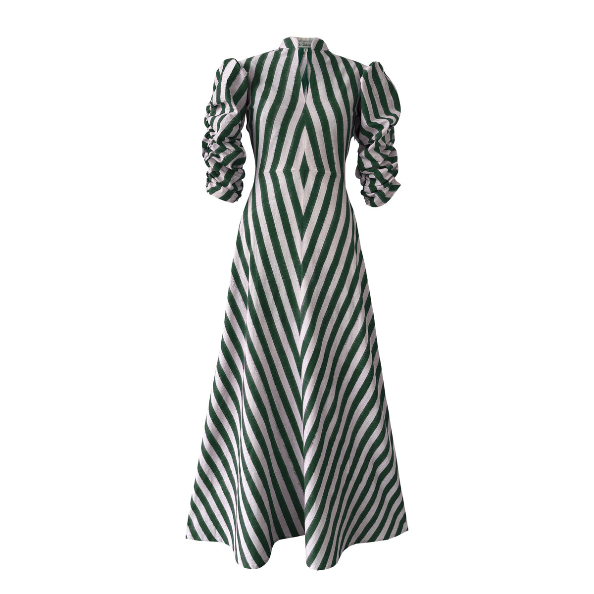 Front view of Green Illusion Dress showcasing green and white diagonal double-ikat stripes, fitted waist and ruched long sleeves on white background