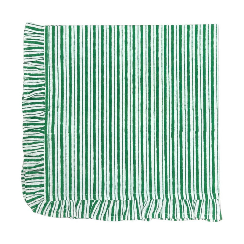 Green and white striped napkin with ruffled edge on a white background
