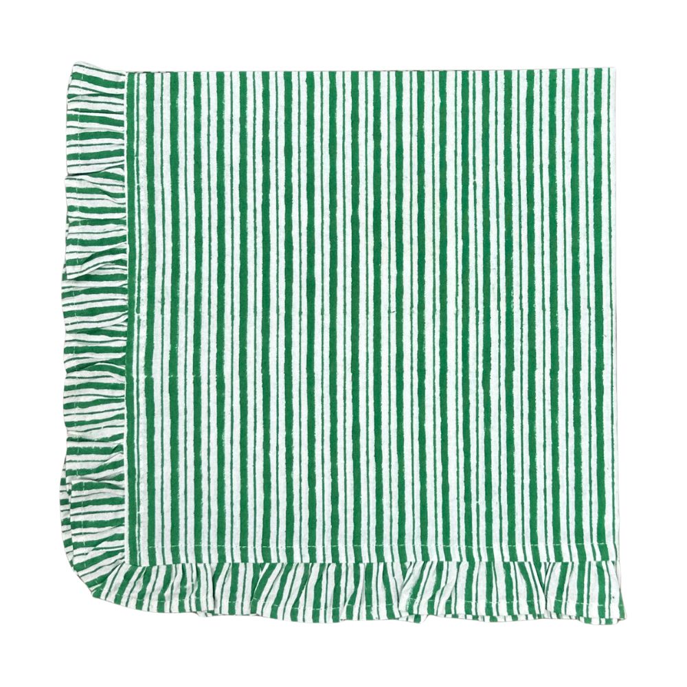 Green and white striped napkin with ruffled edge on a white background