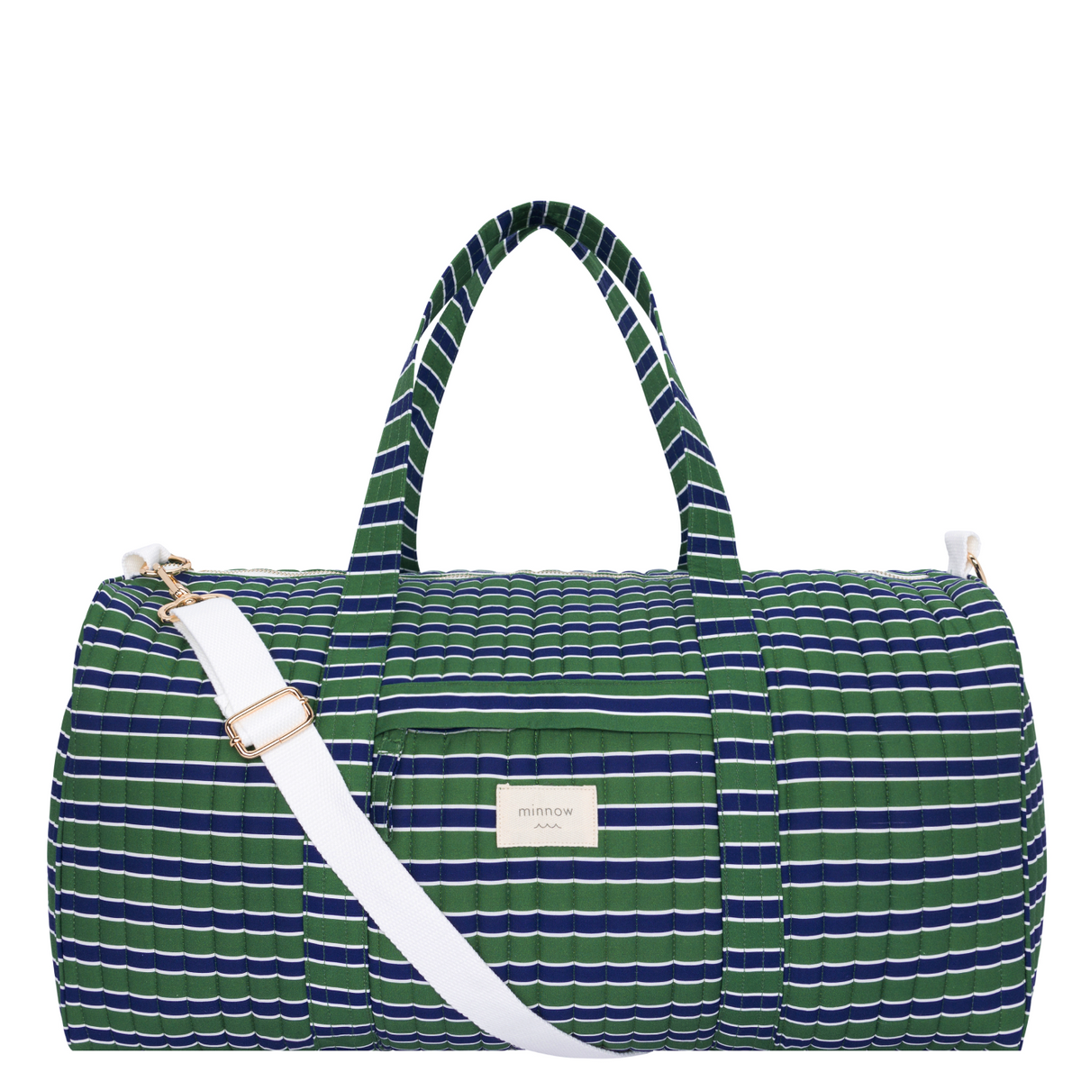 Front view of Evergreen Stripe Weekender Bag showing green and navy stripes, gold hardware, handles, strap, and pocket on white