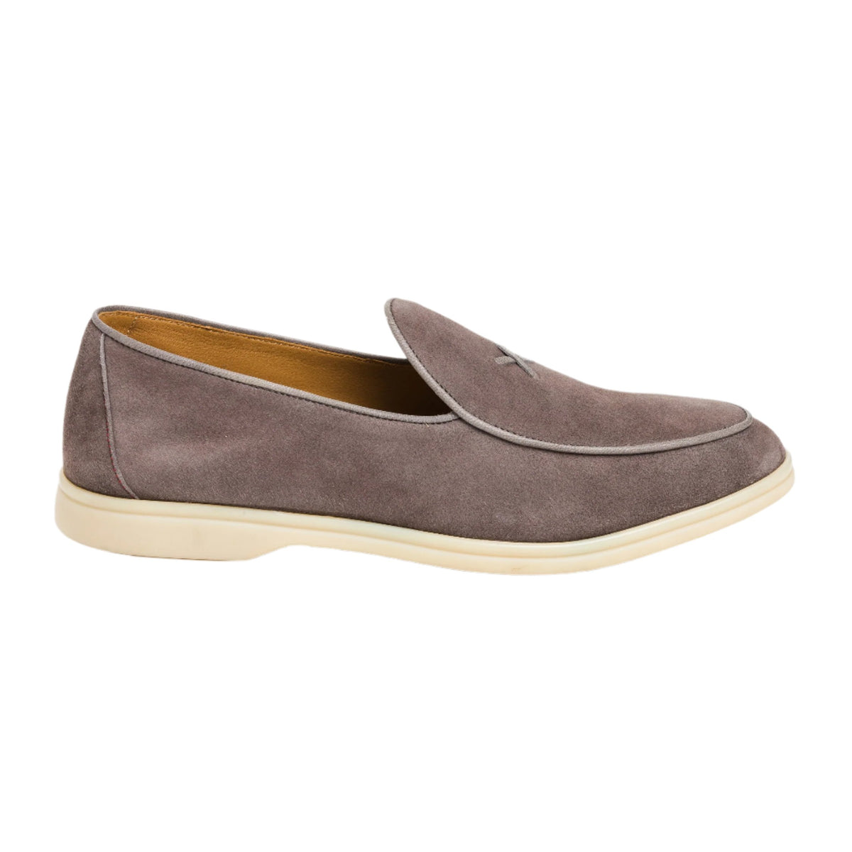 Side view of Men’s Grigio Suede Viaggio loafers showcasing Italian suede uppers and rubber Margom sole on white background
