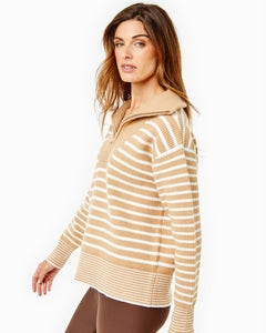 Model is wearing the Griffin Quarter Zip in Latte/ Off White Stripe with the Everyday Legging in Chocolate