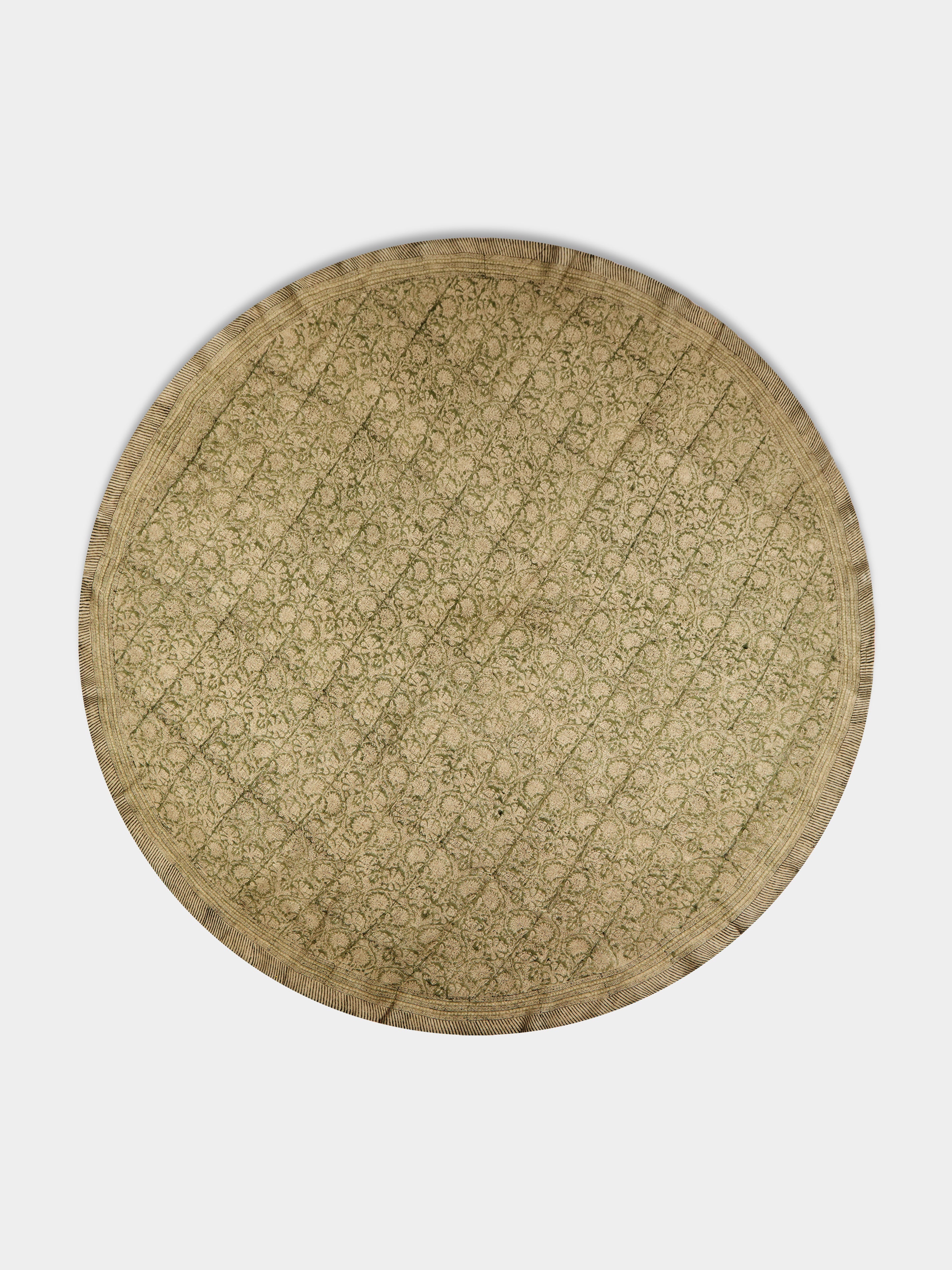 Chamois Big Paisley Block-Printed Linen Round Tablecloth (86.5in/2.2m)