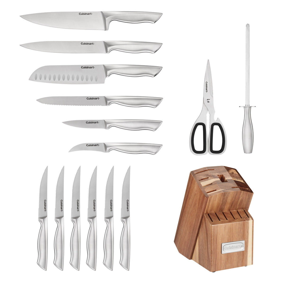15-Piece Elite Series Stainless Steel Block Set with Acacia Block in Stainless Steel