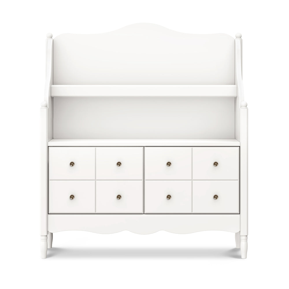 Front view of Liberty Library Hutch in Warm White showcasing arched back and scalloped detailing on a white background