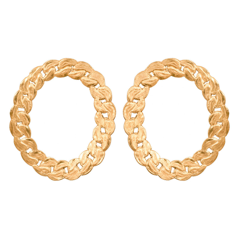 Front view of Aleja earrings showcasing braided gold-tone hoop design on white background
