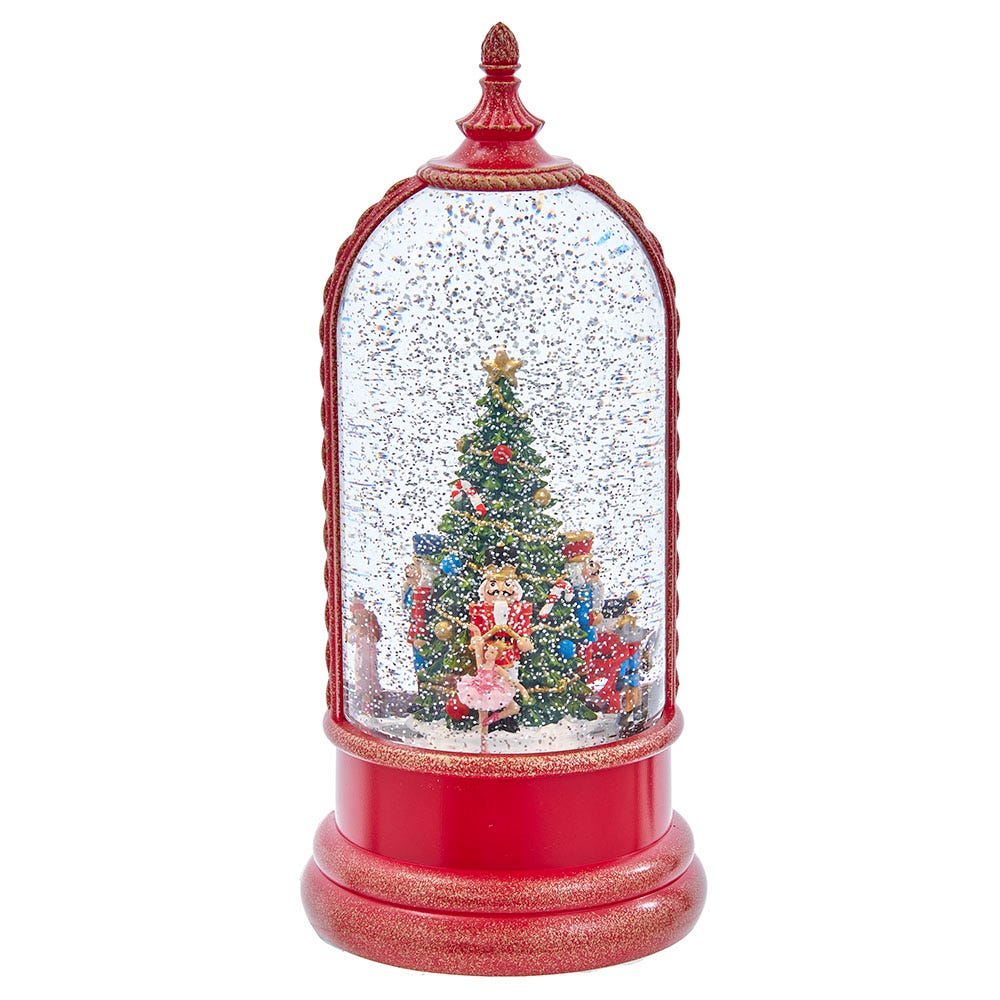 Front view of Musical Nutcracker Water Lantern showcasing red finish, Christmas tree, ballerina, and nutcracker scene