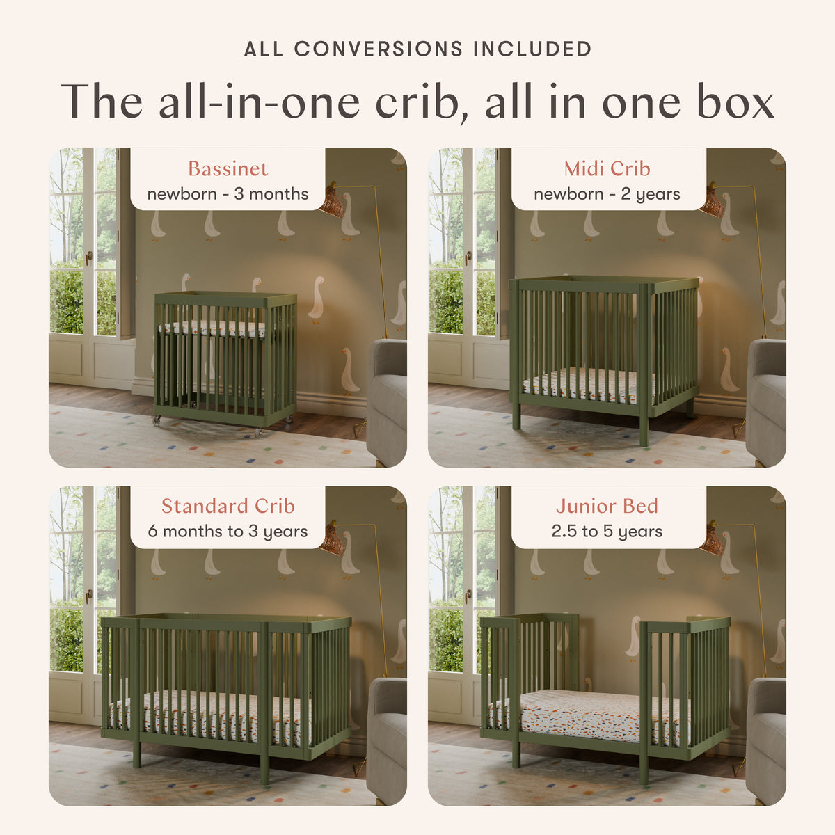 Pogo 8-in-1 Convertible Crib with All-Stages Conversion Kits in Olive