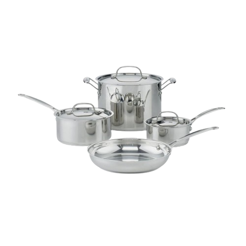 Front view of Chef’s Classic Stainless 7-Piece Set showcasing mirror polished stainless steel cookware on a transparent background
