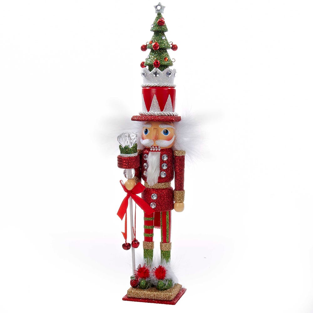 Front view of Hollywood Red and Green Tree Hat Nutcracker showcasing tall Christmas tree hat and jeweled uniform on white background