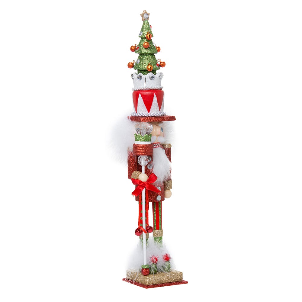Front view of Hollywood Red and Green Tree Hat Nutcracker with tall Christmas tree hat and festive red, green, gold, and white details