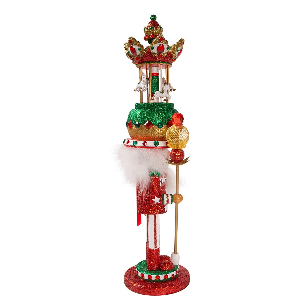 Front view of Carousel Hat Musical Nutcracker showcasing red and white glittered suit, jeweled staff, and carousel hat on white background