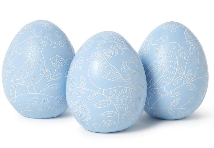 Blue Egg with Hand-Carved Bird Scene Decor, Set of 3