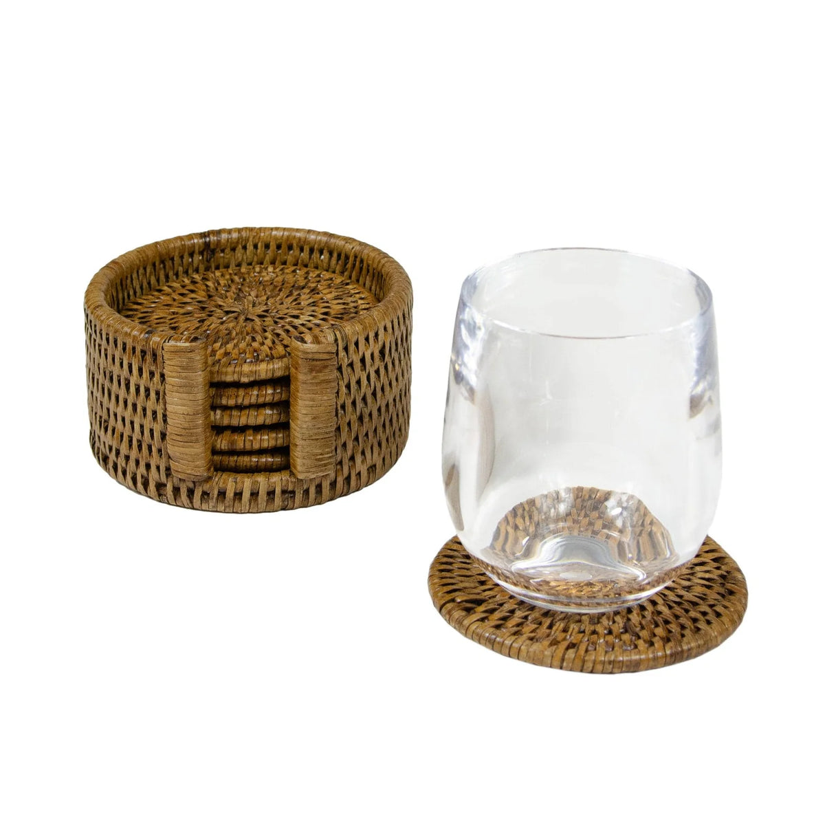 Rattan Round Coaster and Holder Set in Natural