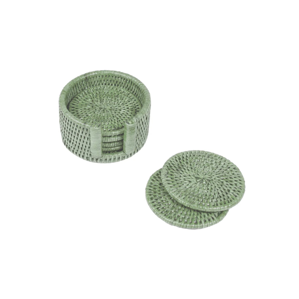 Rattan Round Coaster and Holder Set in Green