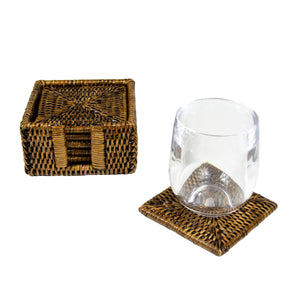 Rattan Square Coaster and Holder Set in Natural