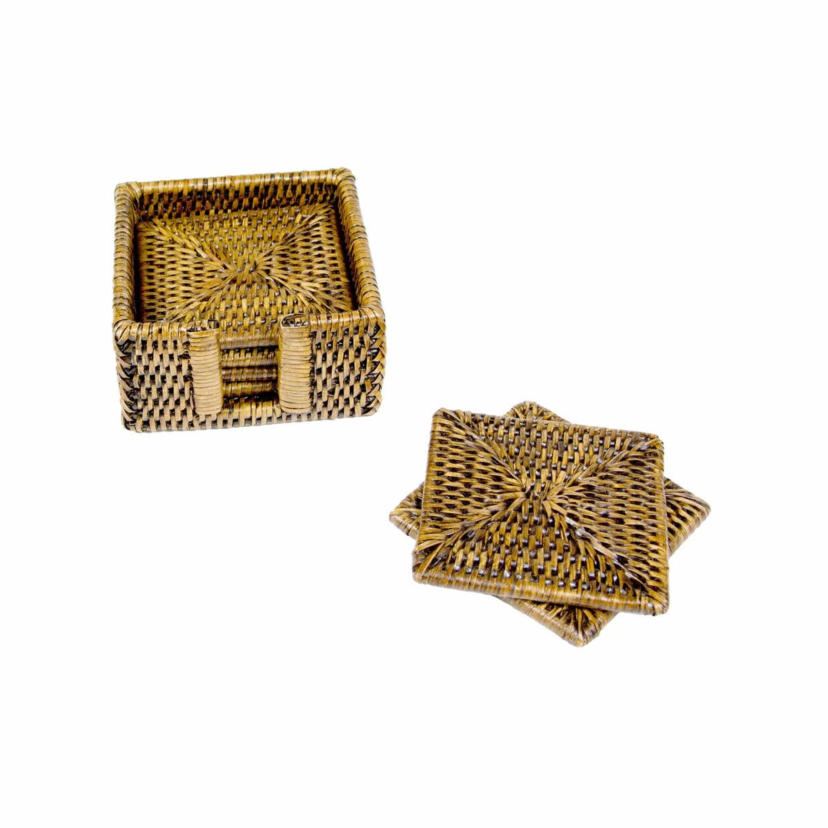 Rattan Square Coaster and Holder Set in Honey