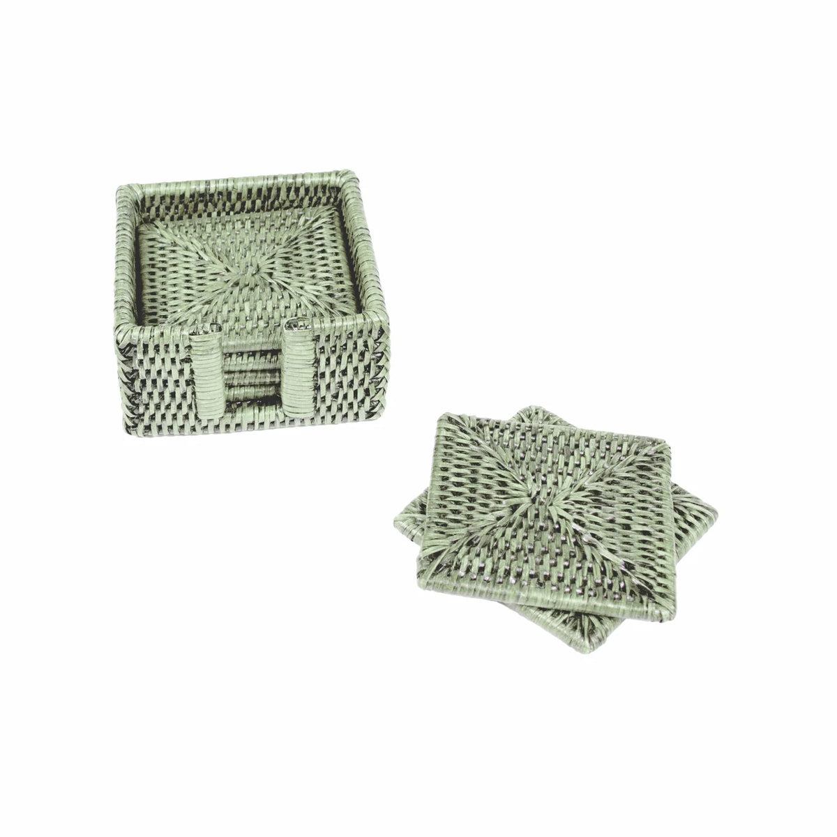 Rattan Square Coaster and Holder Set in Green