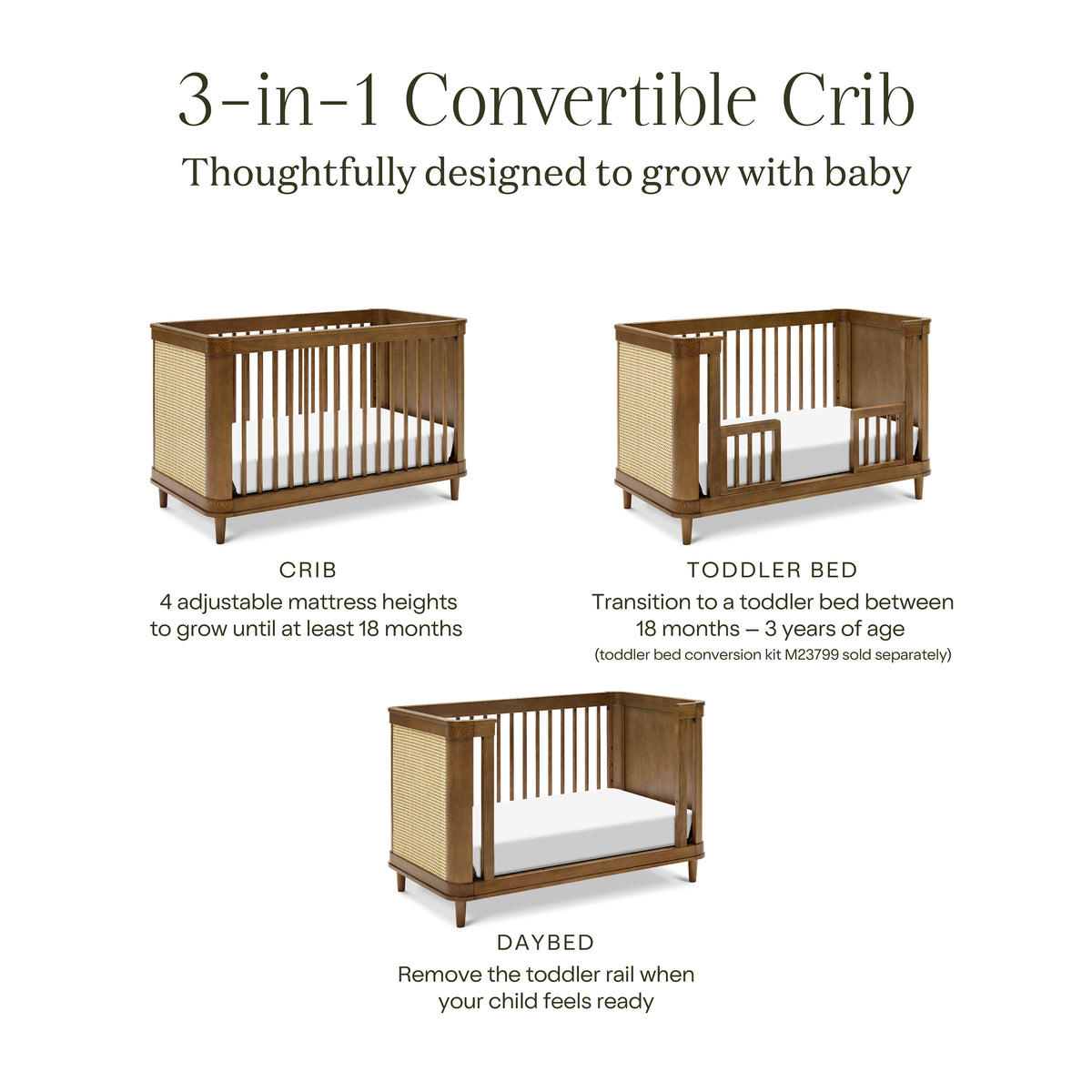 Marin with Cane 3-in-1 Convertible Crib in Natural Walnut & Blonde Cane
