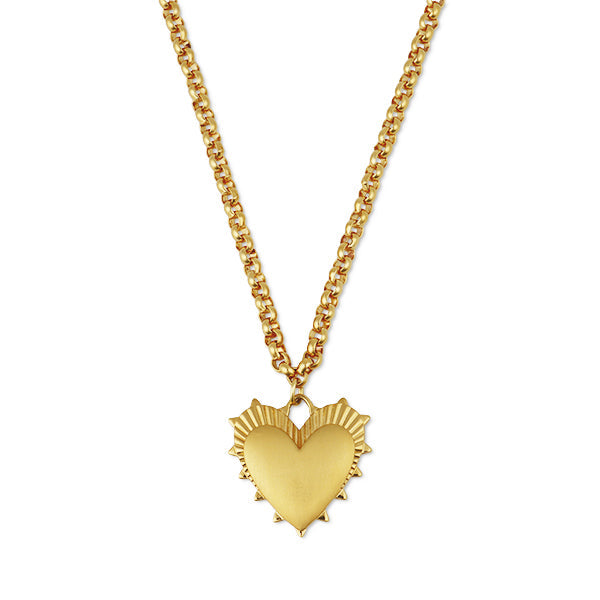 Front view of Heart of Gold necklace showing brushed heart pendant with sunburst edge on 18-inch gold-filled chain