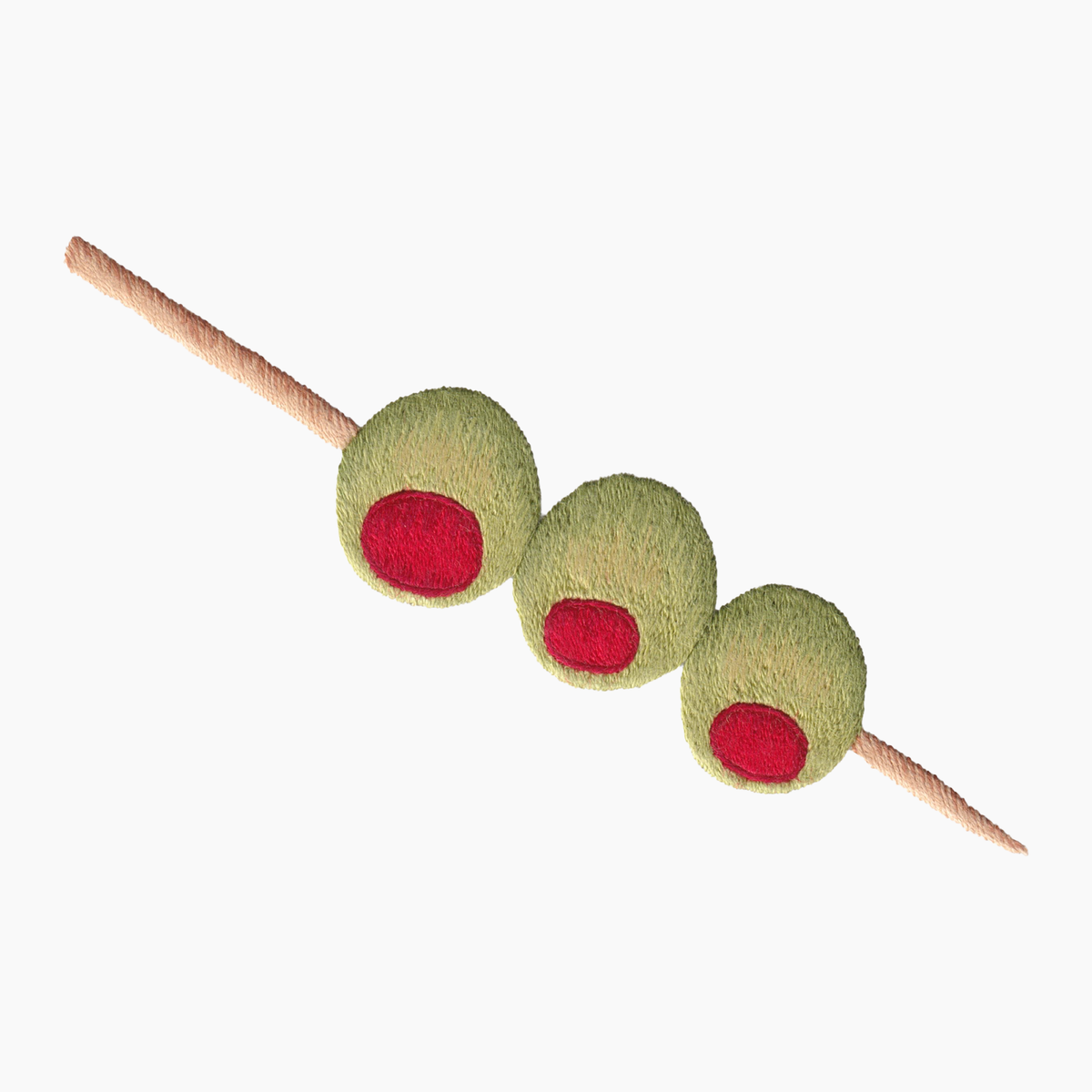 Close-up of Triple Olives hand-embroidered towel showing three green olives with red pimentos on a stitched skewer on white background