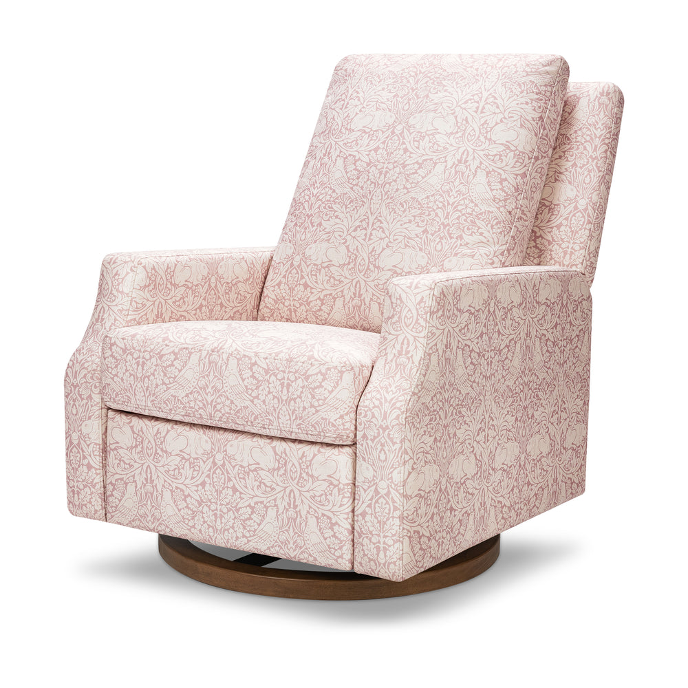 Three-quarter view of Namesake Crewe recliner and swivel glider with high back, tapered arms, and Brer Rabbit rose upholstery on wood swivel base