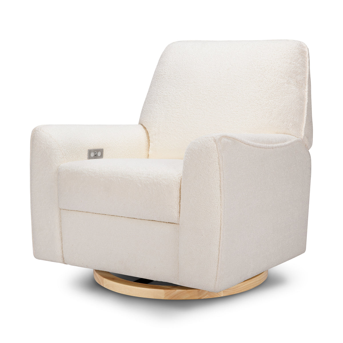 Rear view of Sunday Power Recliner and Swivel Glider showcasing power control and light wood base on white background