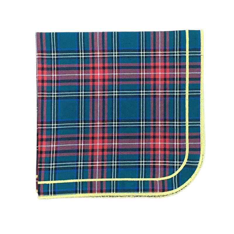 Luxury Table Linens Red plaid napkin with double gold embroidery. highland tartan