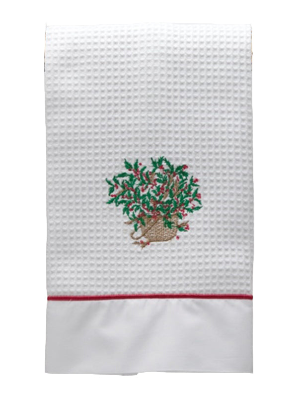Guest Towel in White Waffle Weave, Satin Stitch & Embroidered
