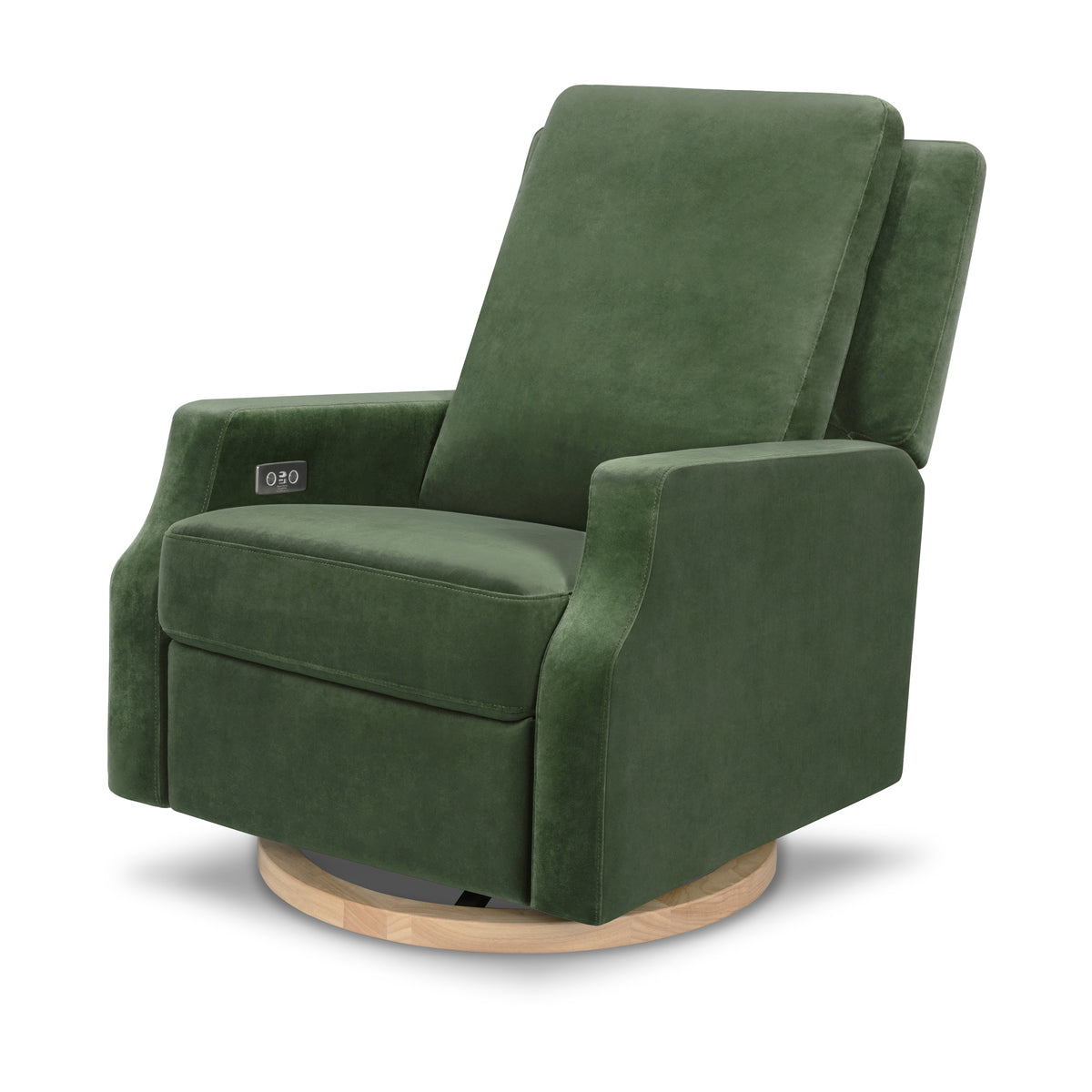 Three-quarter view of Crewe electronic recliner and swivel glider showing control panel, green velvet, and wood base