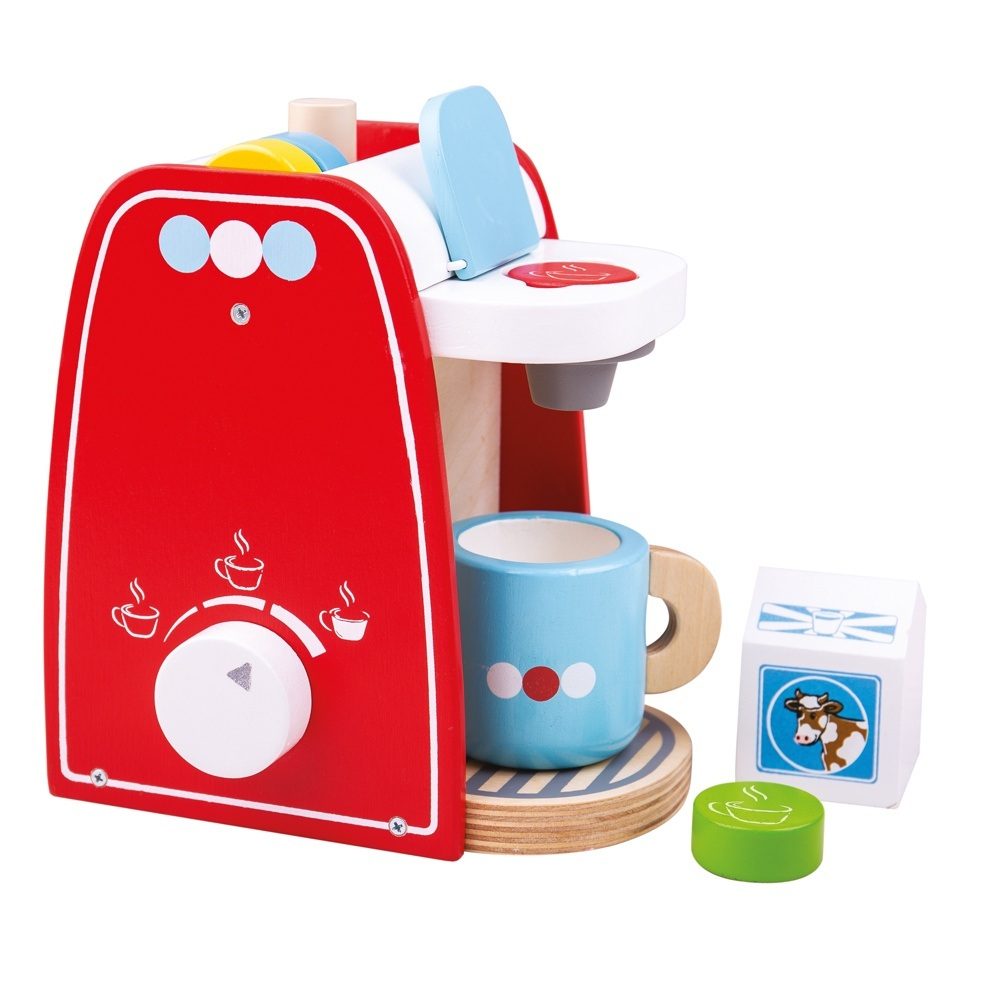 Three-quarter view of kids wooden coffee maker toy with red front, white knob, blue mug, four pods, milk carton
