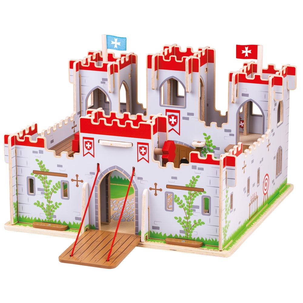 Front view of King George’s wooden castle toy with open drawbridge, towers, balconies, and working doors on white background
