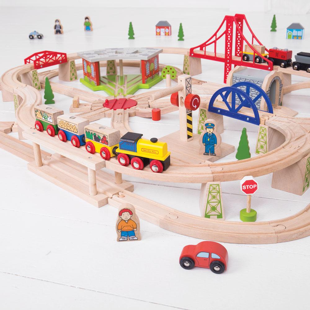 Angled view of Freight Train Set showcasing two engines, produce wagons, bridges, turntable, and town scenery
