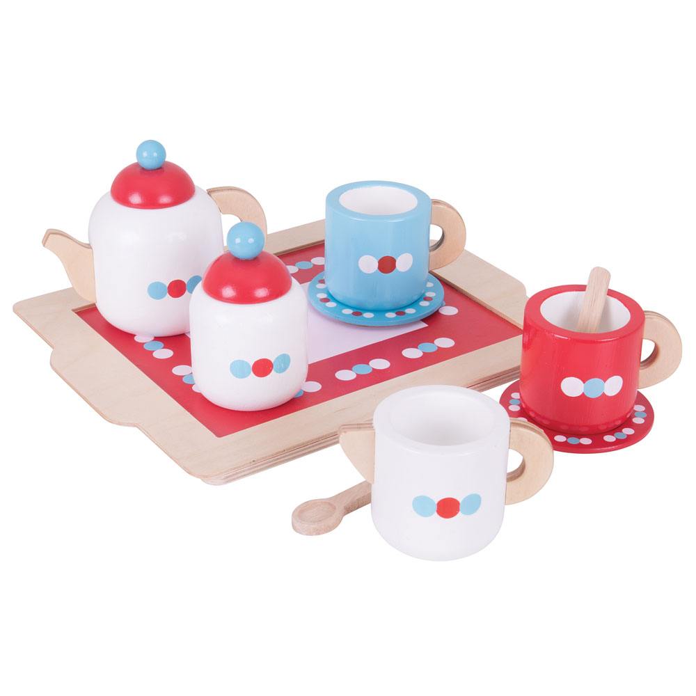 Front view of Tea Set on a Tray showcasing colorful wooden teapot, cups, saucers, sugar pot, spoons, and milk jug