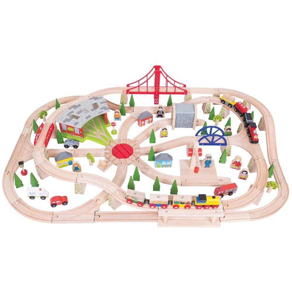 Top view of Freight Train Set showcasing two engines, fruit and vegetable wagons, turntable and scenery on white background