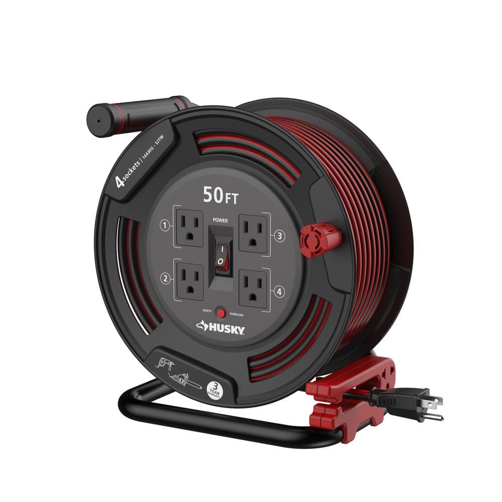 50 ft. 14/3 13AMP Retractable Extension Cord Reel with 4 Grounded Outlets Black