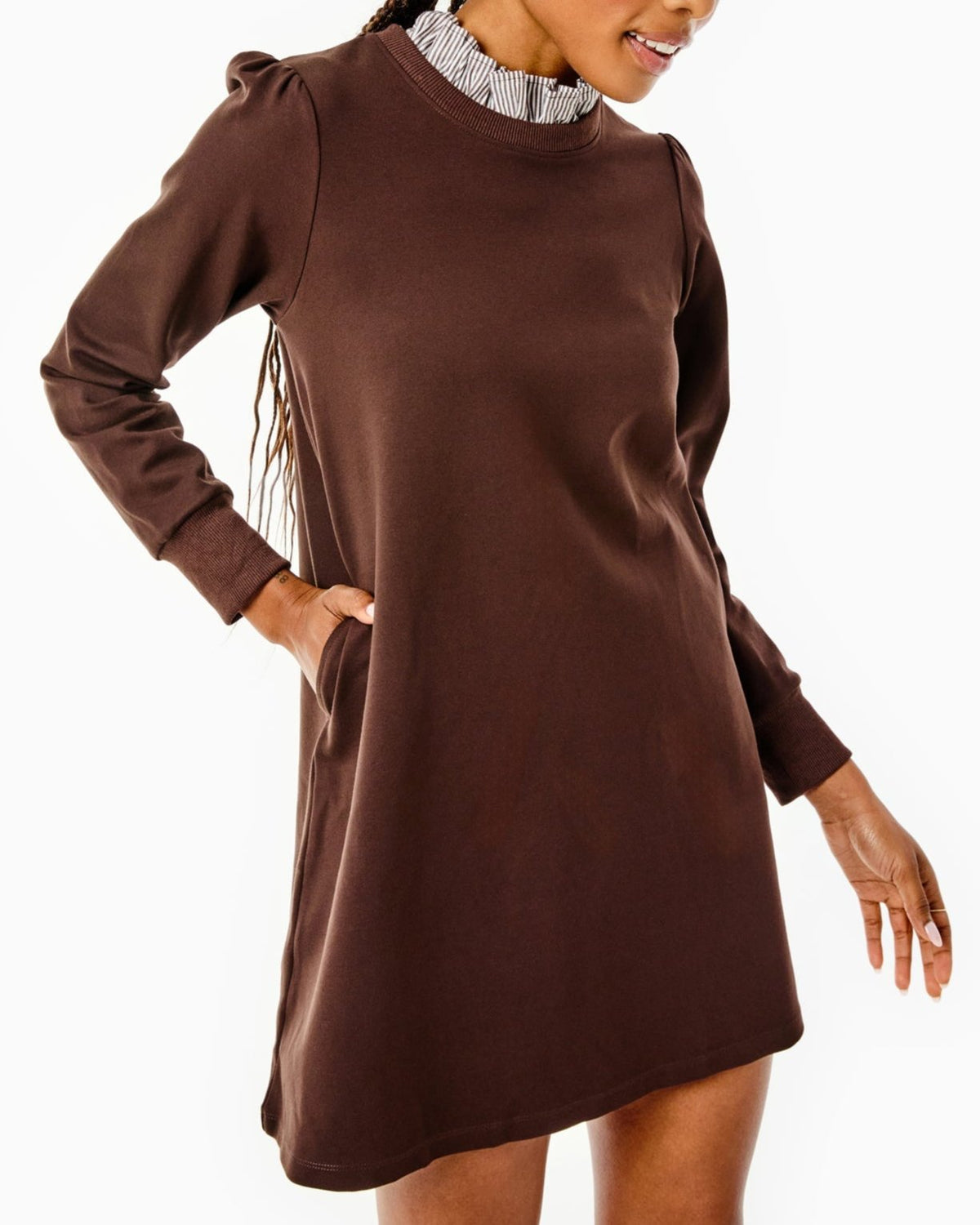 Model is wearing the Hutton Dress in Chocolate.