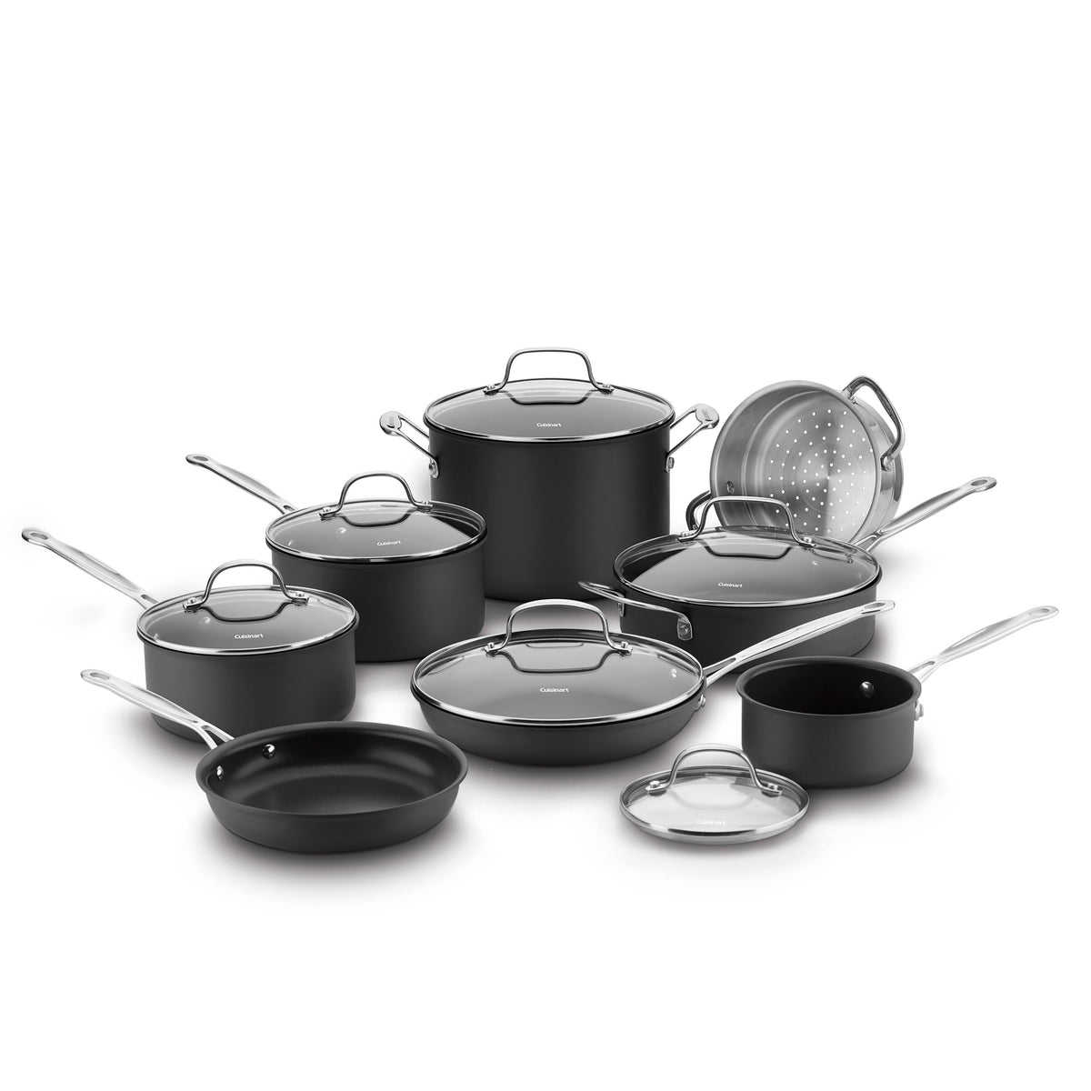 Front view of Chef’s Classic 14-Piece cookware set in black with glass lids, pans, stockpot, and inserts on white